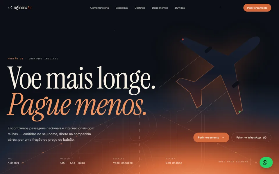 Home page of the Agências Air website, an agency that issues airline tickets with miles